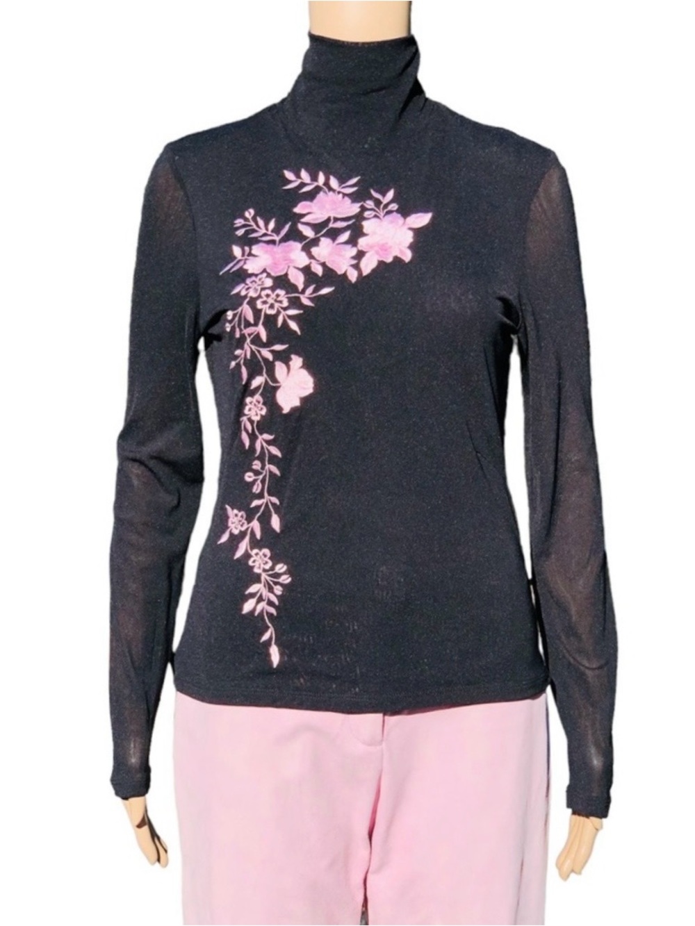 INC nylon black turtleneck with lilac pink flowers sz m